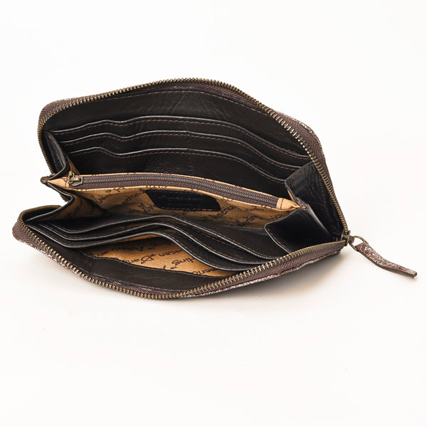 ADBGZ776 Western Metallic Distressed Leather Wallet - Silver-Foiled Zip Clutch