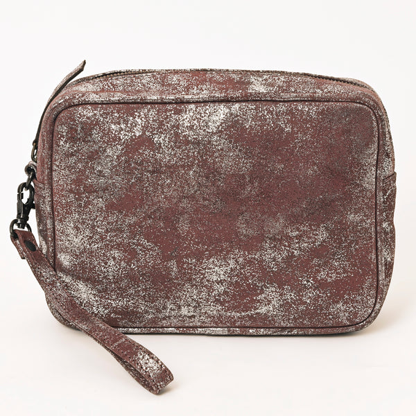 ADBGZ777 Western Metallic Leather Wristlet Jewelry Case - Silver-Foiled Distressed Finish