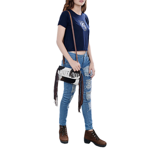 ADBG1283 American Darling Hair-on Cowhide Fringe Crossbody Wallet Bag -Western Slogan Clutch