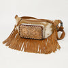ADBG1297 American Darling Western Leather Fanny Pack with Hair-On Cowhide and Fringe -Hand-Tooled Waist Bag
