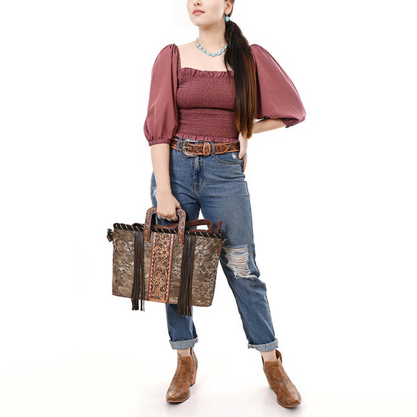 ADBG1298 American Darling Western Leather Tote Bag with Hair-On Cowhide & Hand-Tooled Handles -Fringe Detail