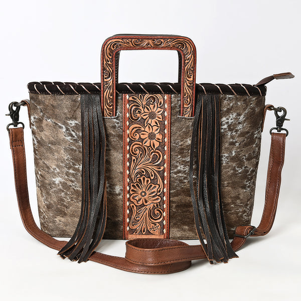 ADBG1298 American Darling Western Leather Tote Bag with Hair-On Cowhide & Hand-Tooled Handles -Fringe Detail