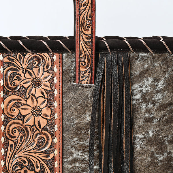 ADBG1298 American Darling Western Leather Tote Bag with Hair-On Cowhide & Hand-Tooled Handles -Fringe Detail