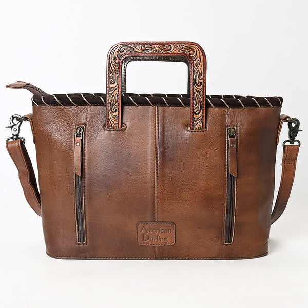 ADBG1298 American Darling Western Leather Tote Bag with Hair-On Cowhide & Hand-Tooled Handles -Fringe Detail