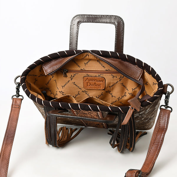 ADBG1298 American Darling Western Leather Tote Bag with Hair-On Cowhide & Hand-Tooled Handles -Fringe Detail