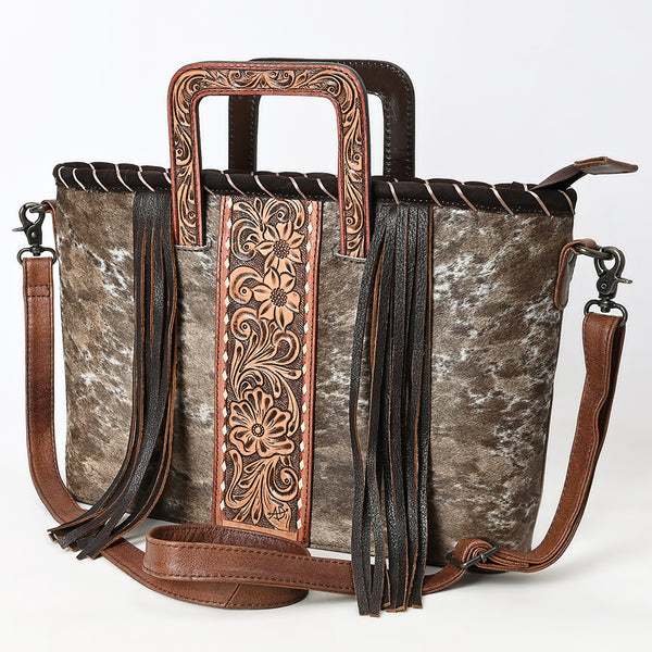 ADBG1298 American Darling Western Leather Tote Bag with Hair-On Cowhide & Hand-Tooled Handles -Fringe Detail