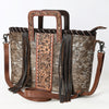 ADBG1298 American Darling Western Leather Tote Bag with Hair-On Cowhide & Hand-Tooled Handles -Fringe Detail