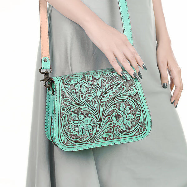 ADBGZ781 Turquoise Tooled Leather Crossbody Bag - Floral Handcrafted Western Purse