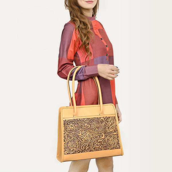 LC-ADBGZ782 Structured Tan Leather Tote - Hand-Tooled Western Floral Panel