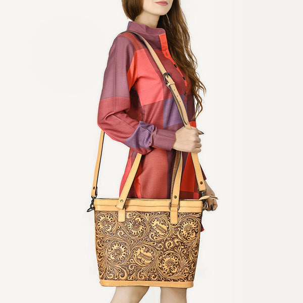 LC-ADBGZ783 Hand-Tooled Tan Leather Tote Bag - Western Floral Design with Detachable Strap