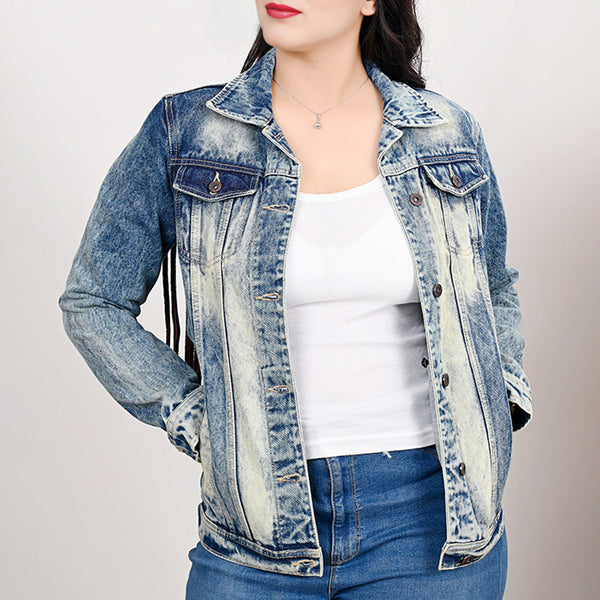 LC-ADJKT024 Tooled Leather Sunflower Fringe Denim Jacket - Western Chic