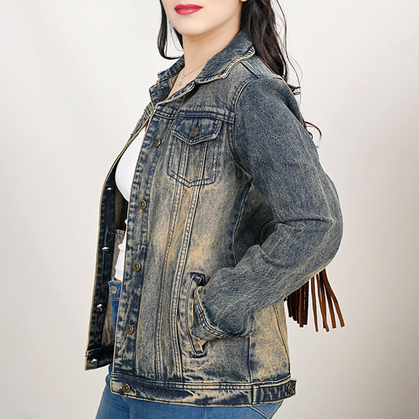 LC-ADJKT025 Turquoise Studded Tooled Leather Fringe Denim Jacket - Western Classic