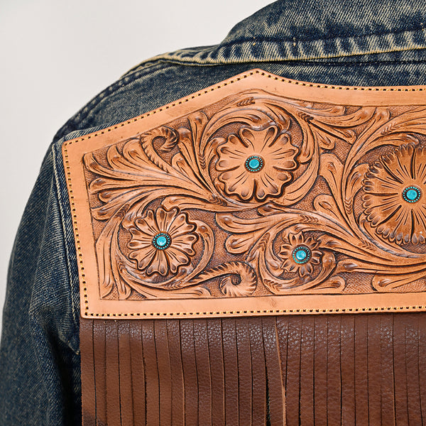 LC-ADJKT025 Turquoise Studded Tooled Leather Fringe Denim Jacket - Western Classic