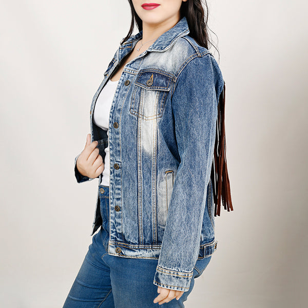 LC-ADJKT029 Women's Stonewashed Denim Jacket with Feather Tooled Leather Yoke & Fringe