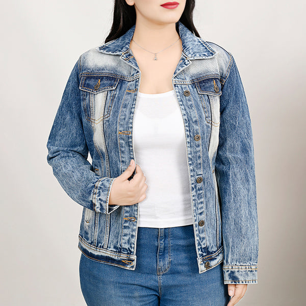 LC-ADJKT029 Women's Stonewashed Denim Jacket with Feather Tooled Leather Yoke & Fringe