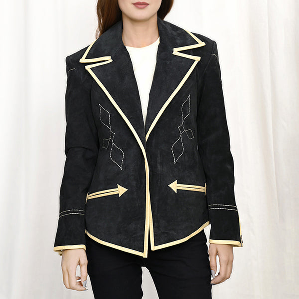 ADBZ050 American Darling Western Black Suede Leather Blazer with Piping & Arrow Trim