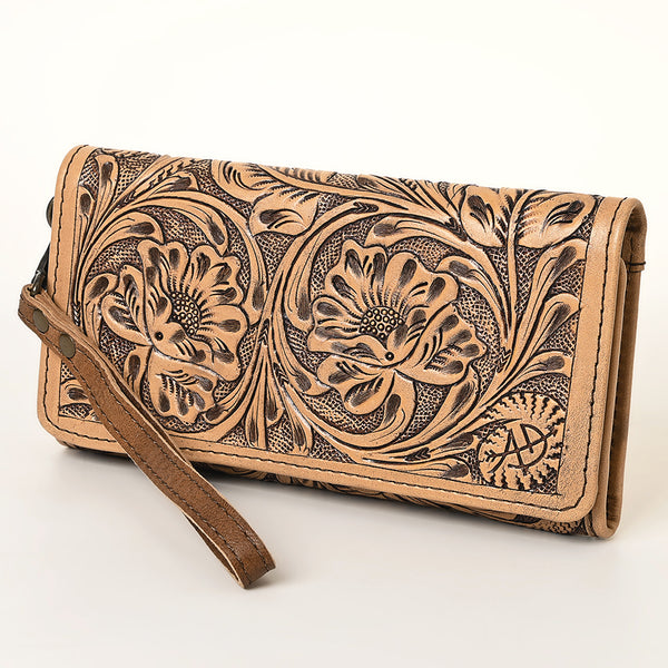 ADBG1311 American Darling Hand-Tooled Leather Trifold Wallet -Floral Carved Wristlet