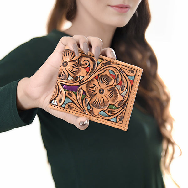 ADBG1236 American Darling Hand Tooled Leather Bifold Wallet -Floral Carved Purse