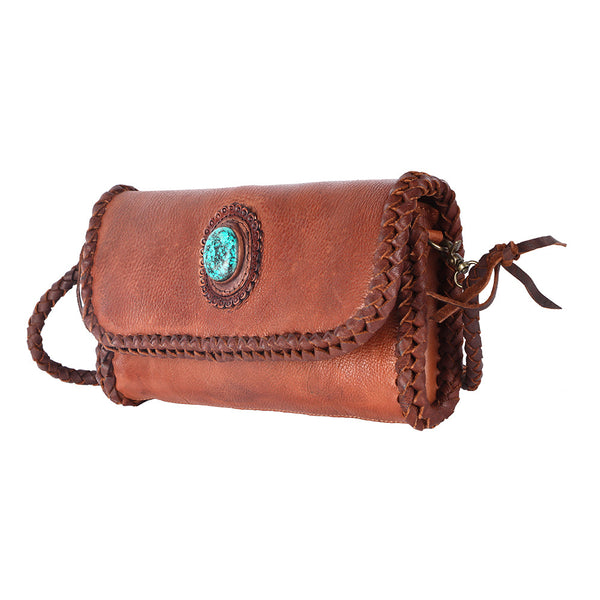 ADBGM267 Mini Western Leather Crossbody - Braided Edge & Turquoise Concho