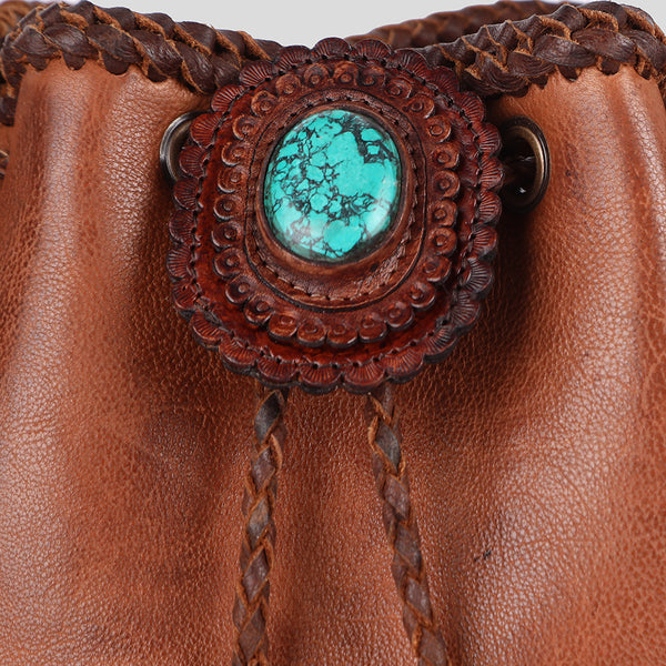 ADBGM273 Western Leather Bucket Bag - Fringe Sides, Braided Strap & Turquoise Concho