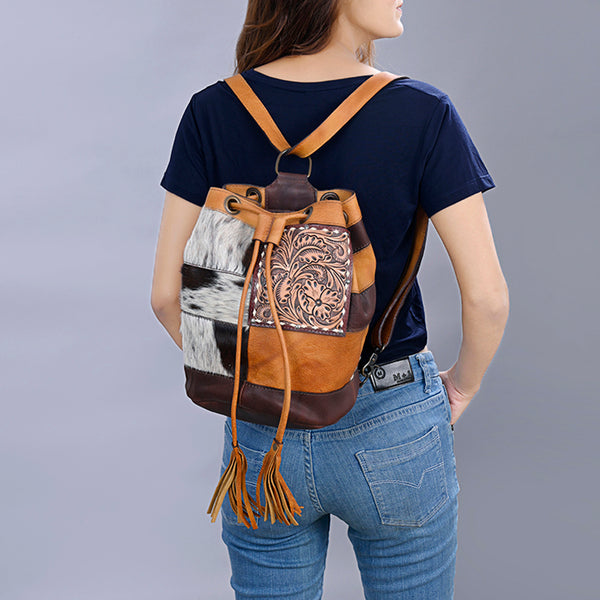 ADBG1324 American Darling Western Leather Bucket Bag with Hair-On Cowhide Patches & Tooled Leather Accent