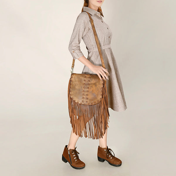 ADBGA495 American Darling Western Leather Messenger Bag with Fringes Full Grain
