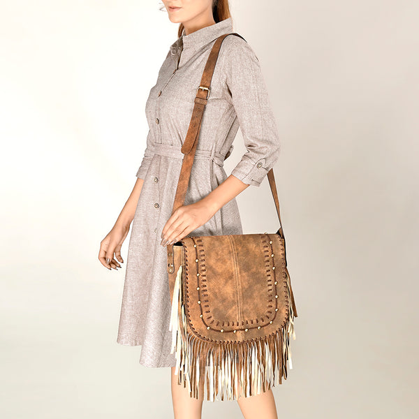 ADBGA502 American Darling Western Leather Cross body Bag Braided Fringe Genuine Leather