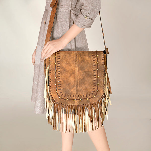 ADBGA502 American Darling Western Leather Cross body Bag Braided Fringe Genuine Leather