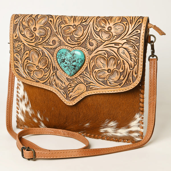 ADBG1389 American Darling Western Leather Crossbody with Hair-On Cowhide & Hand-Tooled Floral Detail