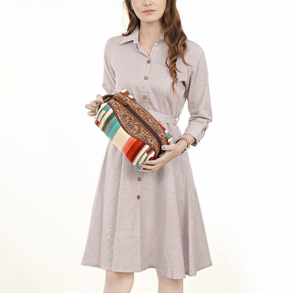 ADBG995 American Darling Hand Tooled Floral Leather Toiletry Bag with Hand-Woven Saddle Blanket