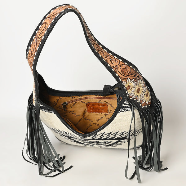 ADBG1390 American Darling Western Leather Hobo Bag with Fringe & Handwoven Saddle Blanket - Genuine Leather Tote