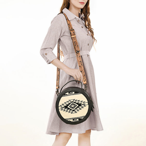 ADBG1391 American Darling Western Leather Canteen Bag with Hand Woven Saddle Blanket & Tooled Strap