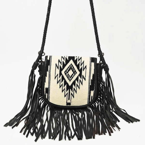 ADBG1392 American Darling Western Leather Crossbody Bag with Fringe & Hand Woven Saddle Blanket Panel