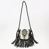 ADBG1392 American Darling Western Leather Crossbody Bag with Fringe & Hand Woven Saddle Blanket Panel