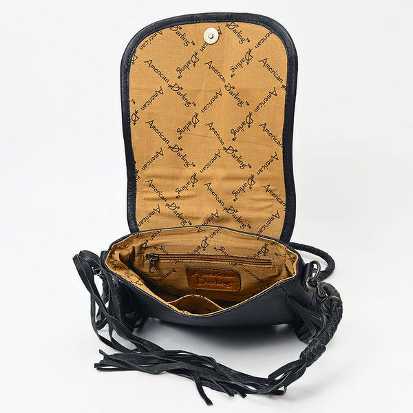 ADBG1392 American Darling Western Leather Crossbody Bag with Fringe & Hand Woven Saddle Blanket Panel