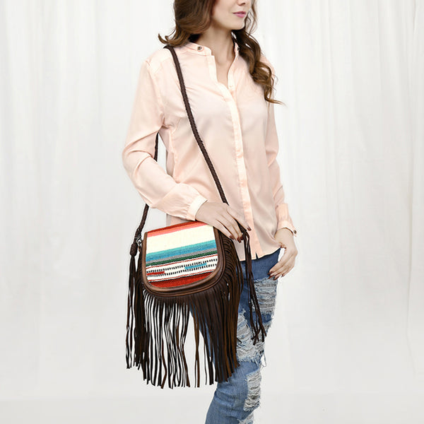 ADBG1392 American Darling Western Leather Crossbody Bag with Fringe & Hand Woven Saddle Blanket Panel