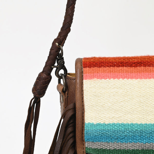 ADBG1392 American Darling Western Leather Crossbody Bag with Fringe & Hand Woven Saddle Blanket Panel