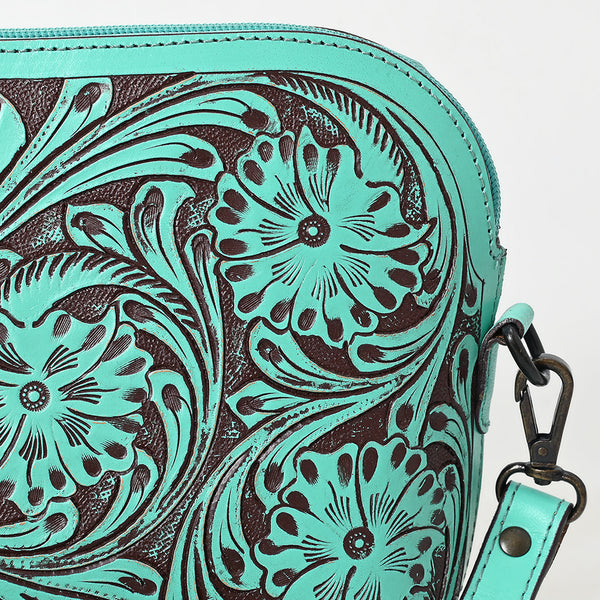LC-ADBGZ786B Hand-Tooled Turquoise Leather Crossbody Bag - Compact Western Floral Design
