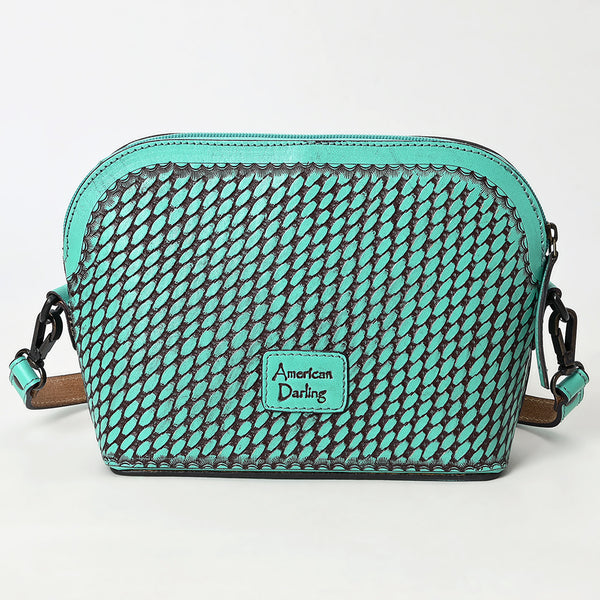 LC-ADBGZ786B Hand-Tooled Turquoise Leather Crossbody Bag - Compact Western Floral Design