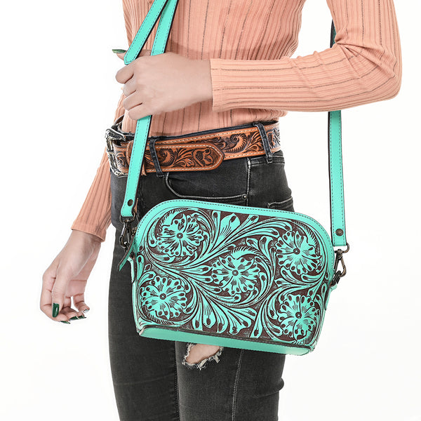 LC-ADBGZ786B Hand-Tooled Turquoise Leather Crossbody Bag - Compact Western Floral Design