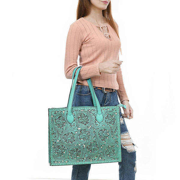 ADBGZ787 Large Hand-Tooled Leather Tote Bag - Full Floral Western Design