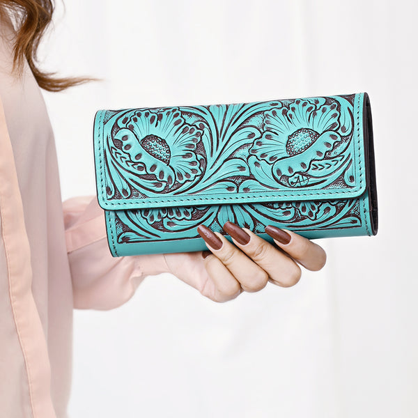 ADBGZ788 Hand-Tooled Leather Long Wallet - Western Floral Design
