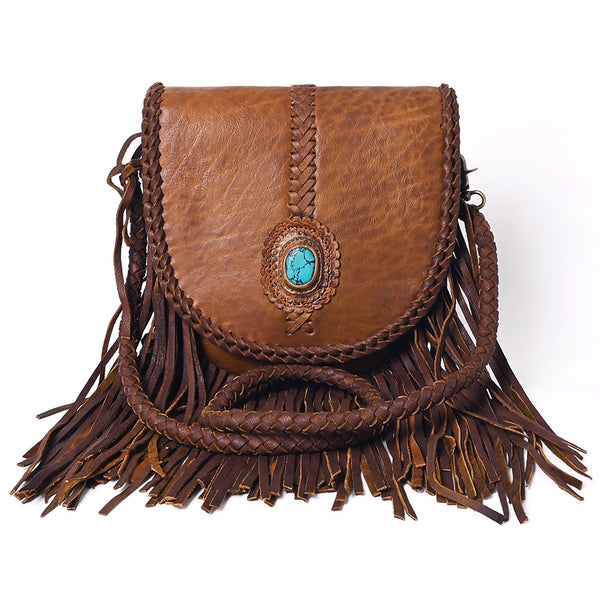ADBGM262 Braided Fringe Messenger Bag - Genuine Leather with Turquoise Concho