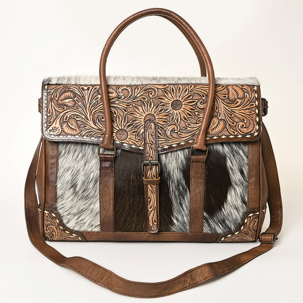 ADBG1397 American Darling Western Leather Briefcase Bag with Hand-Tooled Floral & Hair-On Cowhide