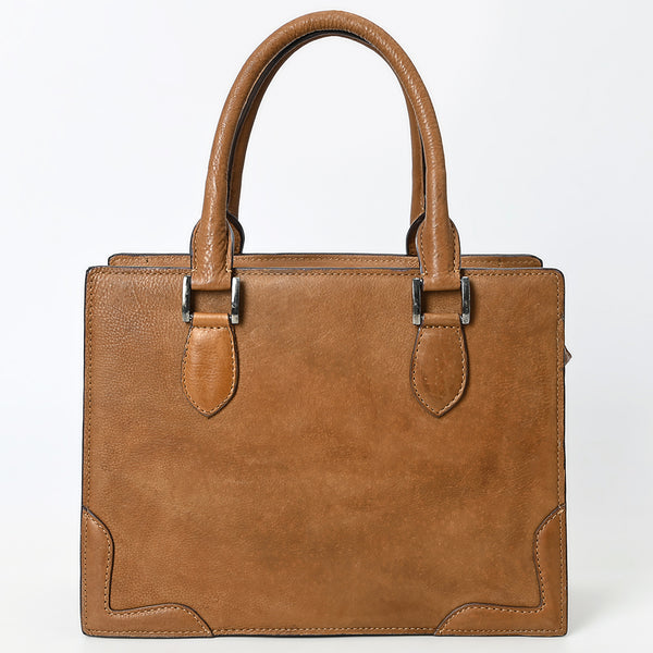 ADBGM371 Tan Structured Leather Tote Bag - Western Minimalist Handbag with Stitched Corner Accents
