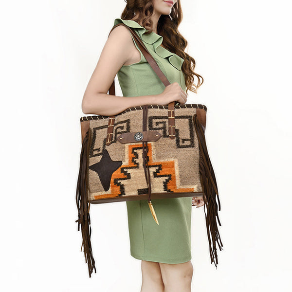 ADBG1113 American Darling Hand-Woven Saddle Blanket Western Tote Bag Genuine Leather Fringe Purse