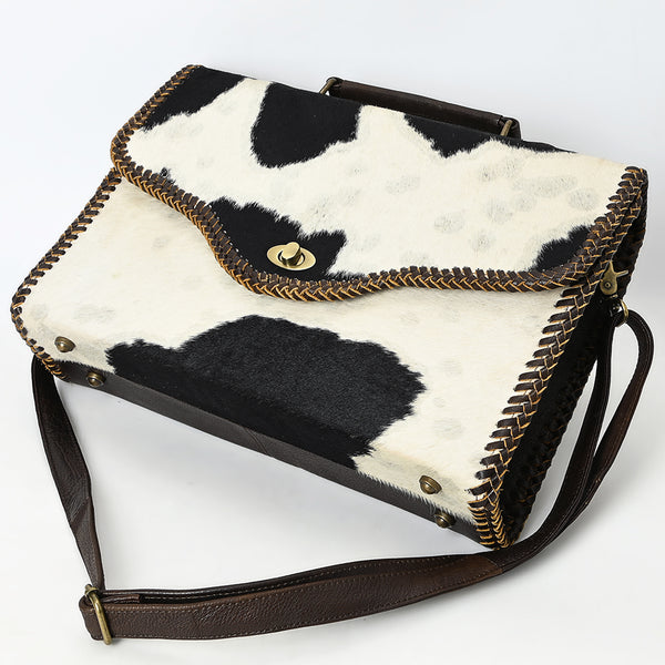 ADBGM377 Hair-On Cowhide Messenger Bag with Top Handle & Turn Lock - Western Briefcase Messenger