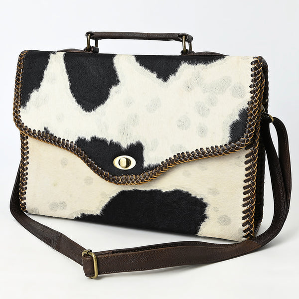 ADBGM377 Hair-On Cowhide Messenger Bag with Top Handle & Turn Lock - Western Briefcase Messenger