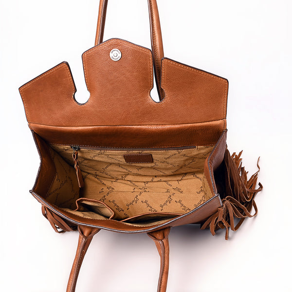 ADBGM380 Tan Leather Fringe Tote with Sculpted Flap - Handmade Western Statement Handbag