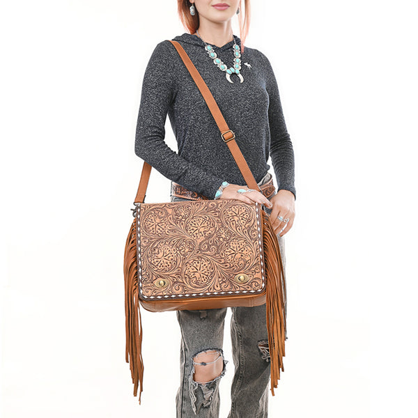 ADBGZ800 Hand-Tooled Leather Fringe Backpack Bag - Western Floral Crossbody in Saddle Tan